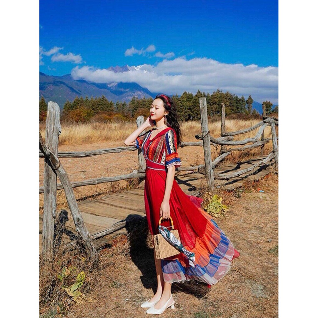Đầm váy maxi thổ Cẩm boho kèm nón sống ảo Hakieu Msp022