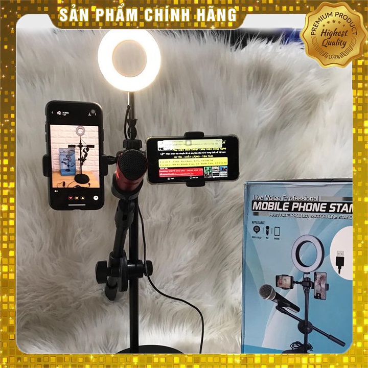 Đèn Livestream 4 in 1 Tích Hợp Giá Đỡ 2 Điện Thoại + 1 Micro, Có 3 Chế Độ Sáng, Kẹp Điện Thoại Để Bàn Quay Video