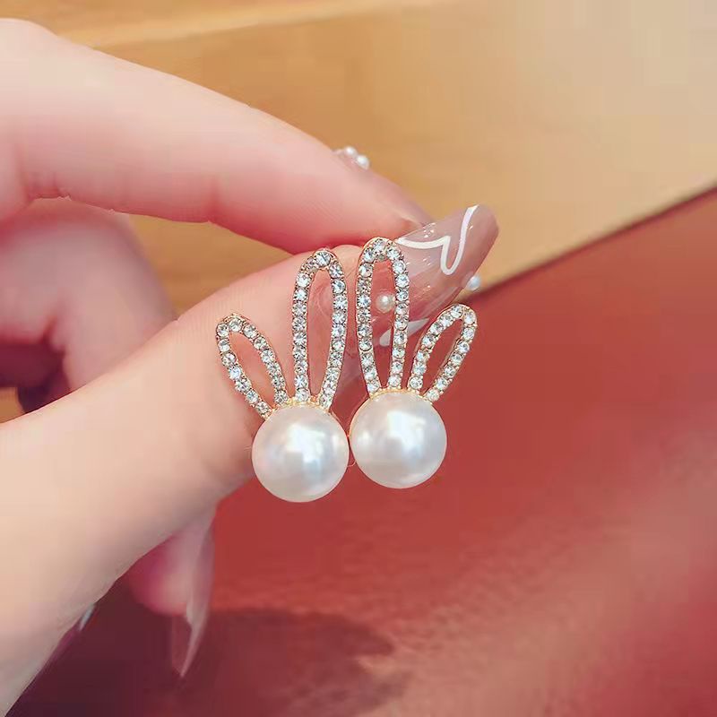 Bông tai mạ bạc s925 hình tai thỏ đính ngọc trai dễ thương phong cách Hàn Quốc cho nữ