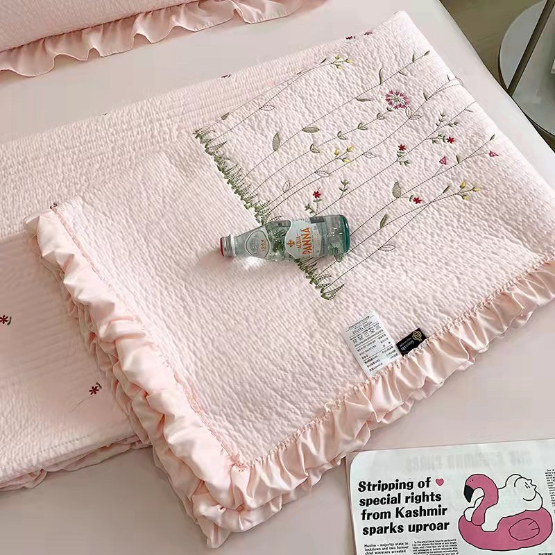 Bộ chăn ga gối cotton bèo hàn quốc thoáng mát, chăn trần hè thêu hoa 2 mặt cao cấp không xổ lông, phai mầu sẵn hàng