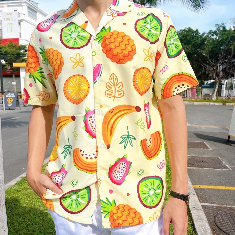 Áo Sơ Mi Họa Tiết Đi Biển Trái Cây Nam Nữ Unisex tay ngắn, chất lụa gân dày đẹp. hàng thiết Kế Mr.Smile 99 Shop