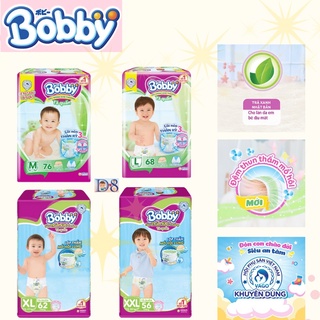 Tã bỉm bobby quần size m76,l68,xl62,xxl56 mẫu mới gạo non siêu thoáng khí