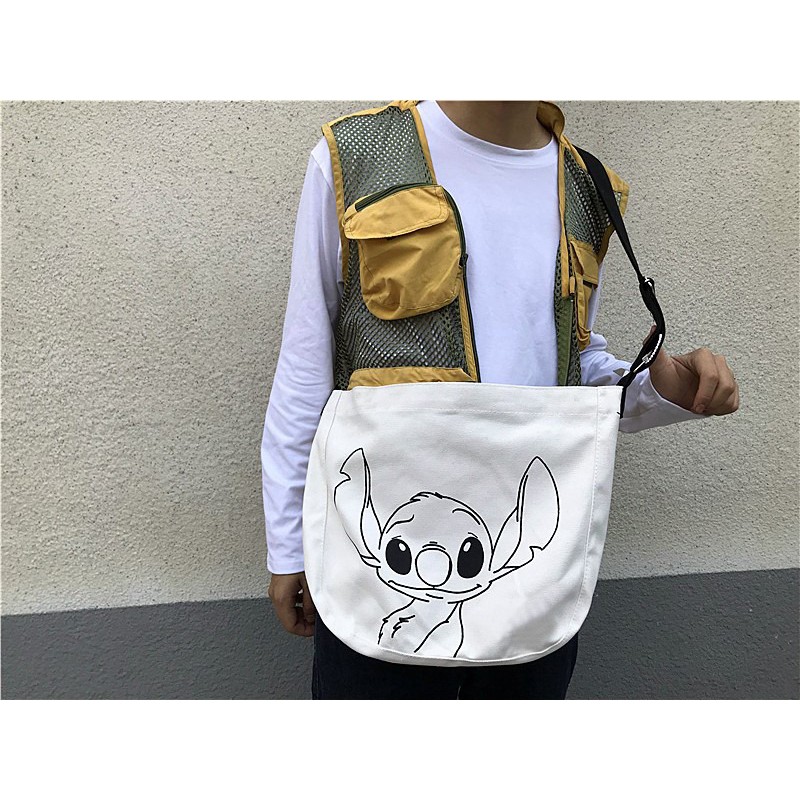 Túi tote đeo chéo unisex vải canvas trắng họa tiết chuột STITCH T27