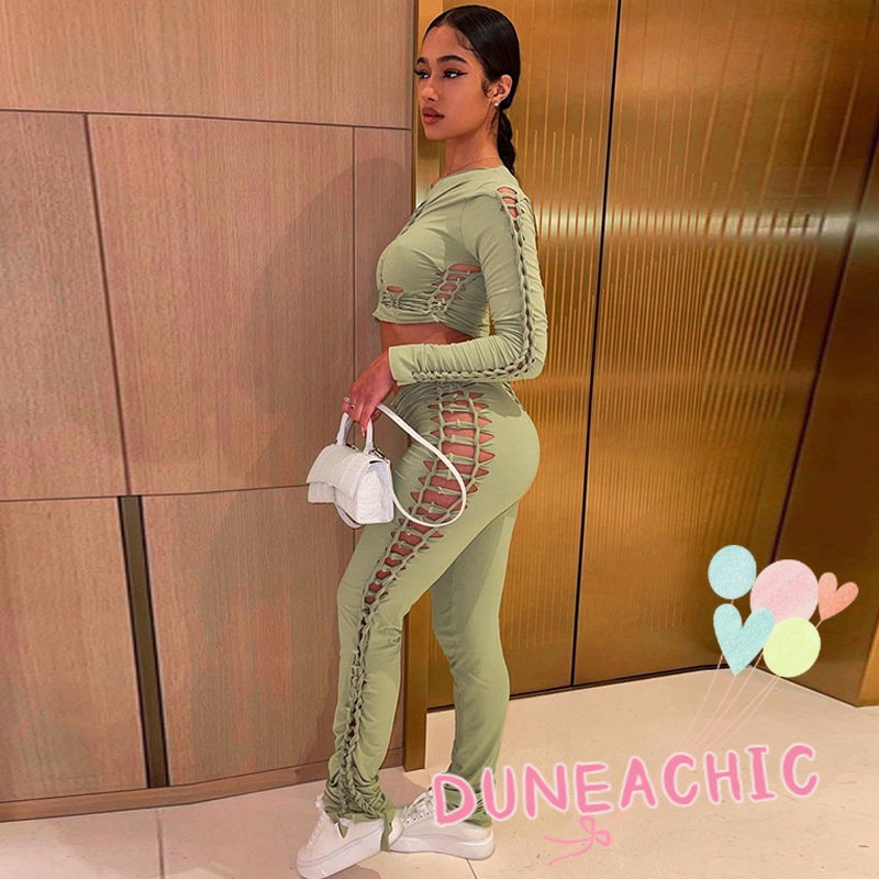 DUNEA Set Áo Thun Tay Dài 2 Dây + Quần Dài Lưng Cao Thiết Kế Quyến Rũ Cho Phái Nữ