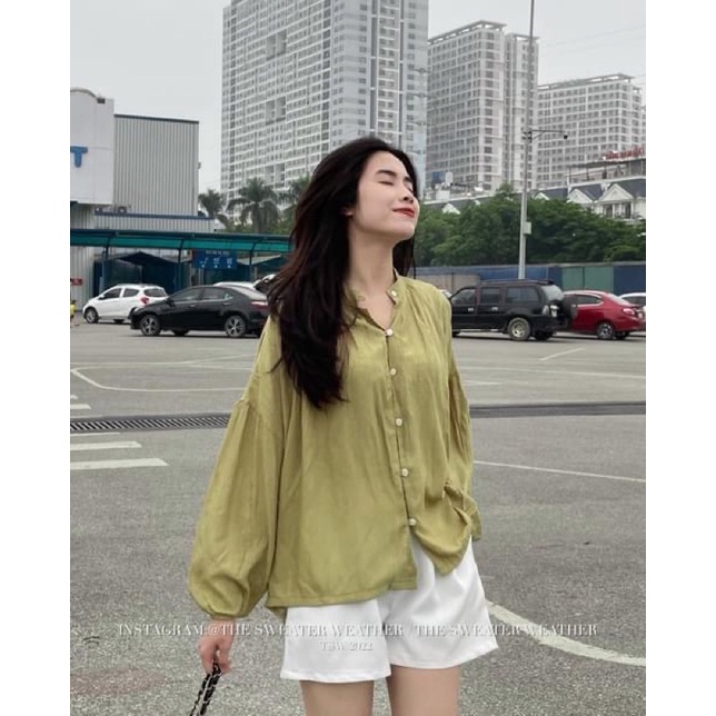 Áo Sơ Mi Xanh Cốm Cúc Bọc