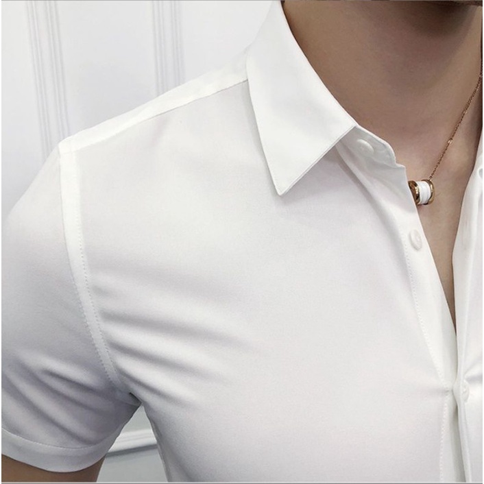 Áo sơ mi nam ngắn tay cổ bẻ vải lụa chống nhăn chống xù áo sơ mi nam tay ngắn bó sát người thoáng mát bền bỉ