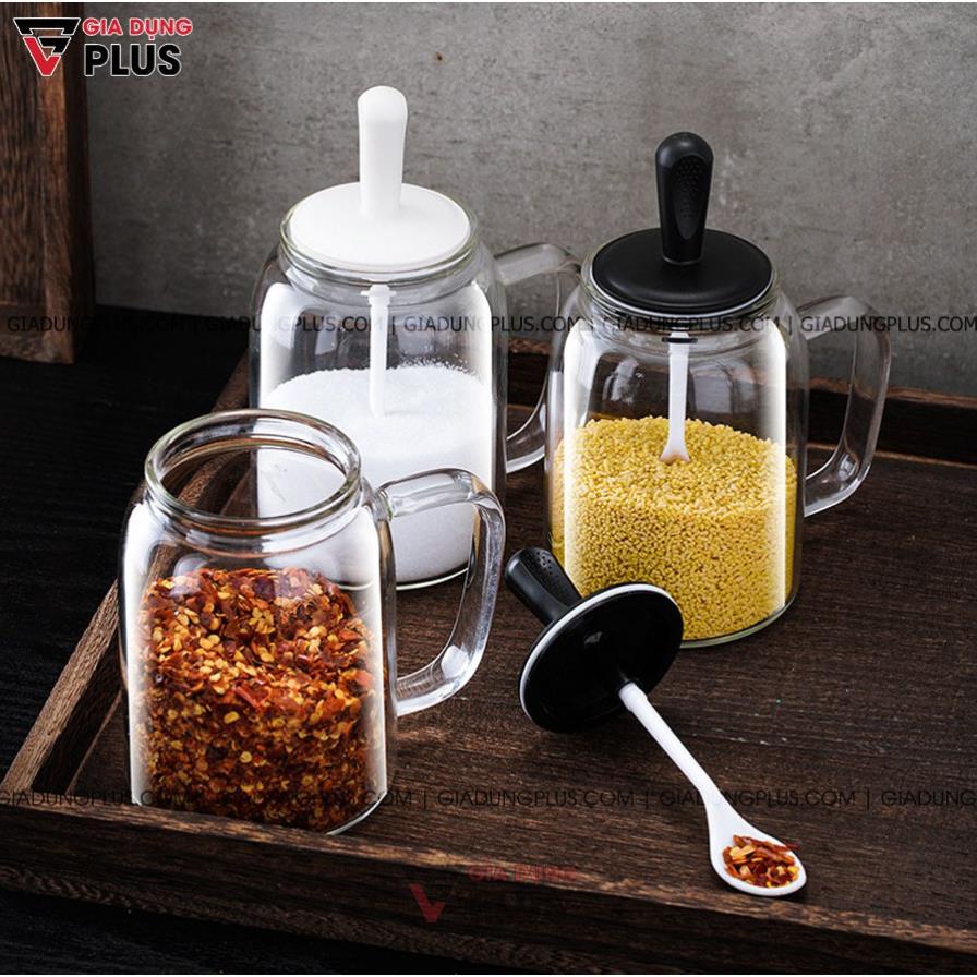 Hủ đựng gia vị muỗng liền nắp thông minh có nắp đậy kín thuỷ tinh borosilicate 380ml, có tay cầm chắc chắn - VIMORA