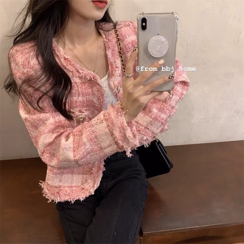 Áo khoác dạ Tweed dài tay màu hồng kẻ cúc ngọc tiểu thư Ulzzang siêu xinh ❤️