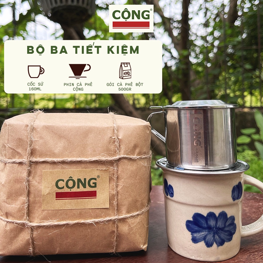 Combo cà phê bột 500gr, phin cà phê nhôm, cốc sứ 160ml Cộng Cà Phê - Bộ ba tiết kiệm