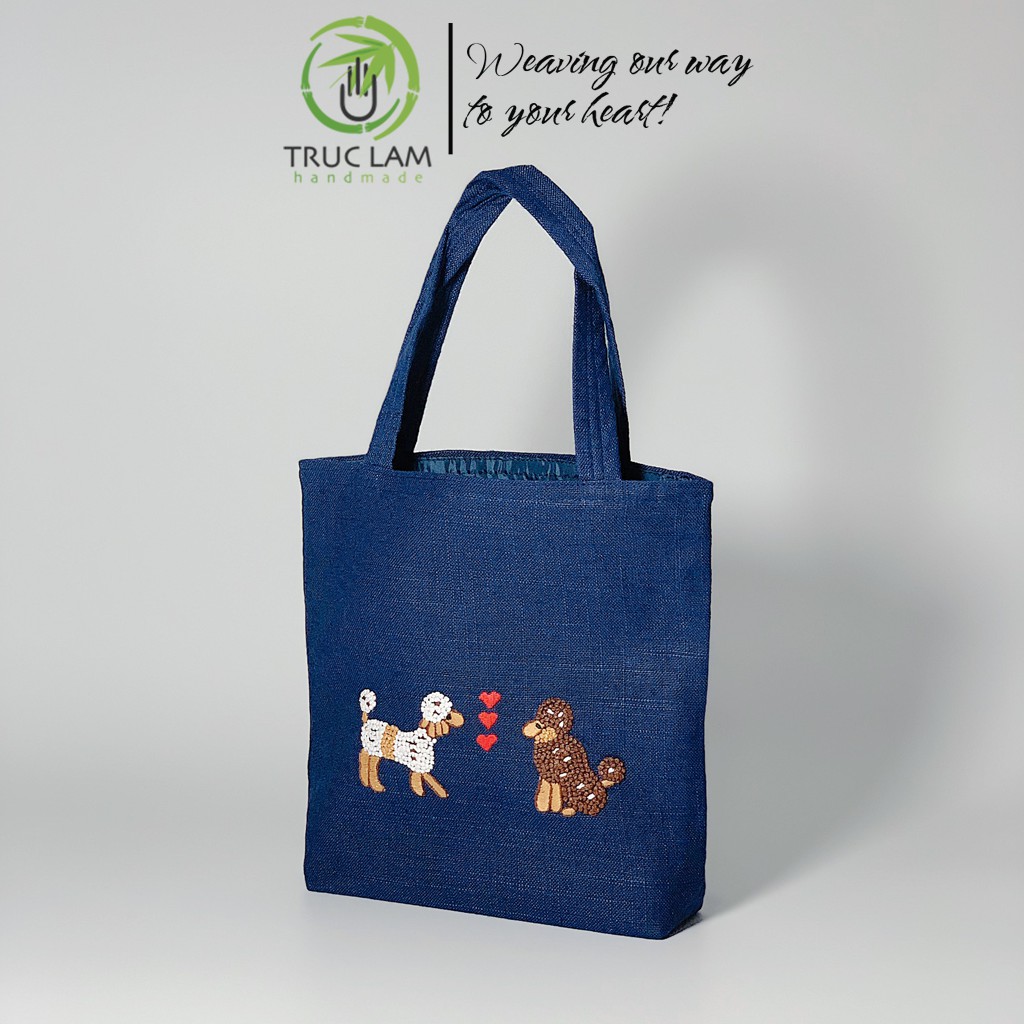 Túi Xách Vải Linen Thêu Tay Họa Tiết Hai Chú Chó (A) - Trúc Lâm Handmade
