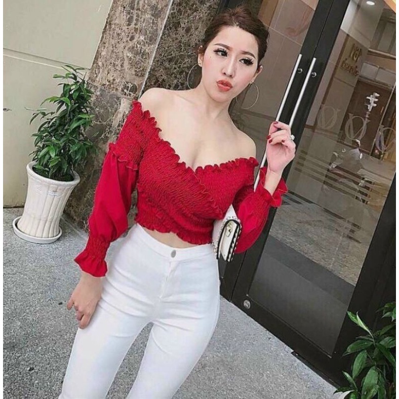 Áo bẹt vai chéo ngực tay bo cực xinh xắn A15