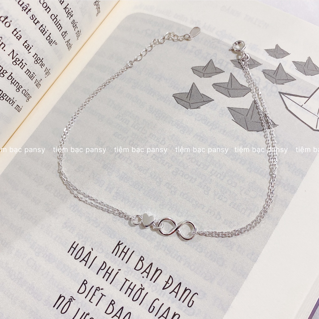 Lắc tay bạc nữ PANSY kí hiệu vô cực nối trái tim, vòng tay dây đôi bạc thật cao cấp