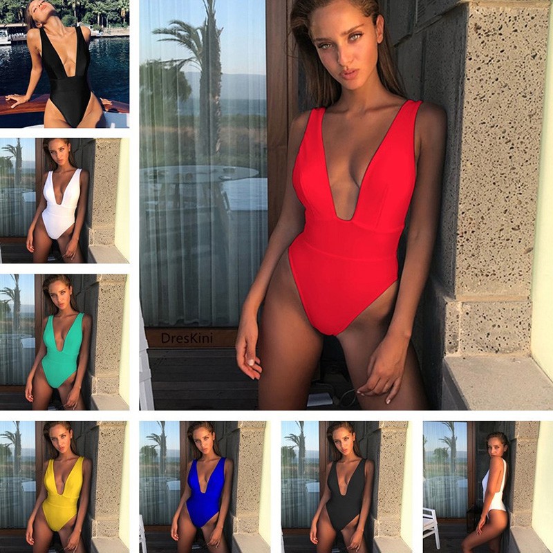 Đồ tắm một mảnh cổ chữ V hở lưng màu sắc kẹo ngọt thời trang đi biển quyến rũ dành cho nữ