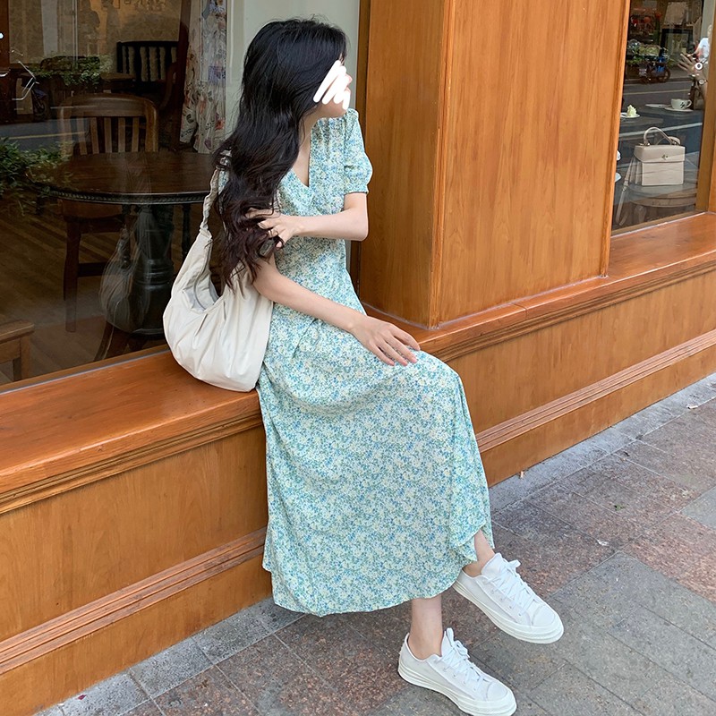 Đầm Maxi Nữ Tay Ngắn Cổ Chữ V Họa Tiết Hoa Phong Cách Hàn Quốc | BigBuy360 - bigbuy360.vn