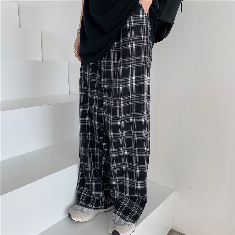 Plaid Pants Women Casual Chic Oversize Loose Wide Leg Trousers Ins Retro Teens Harajuku Hip-hop All-match Unisex Streetwear 2021