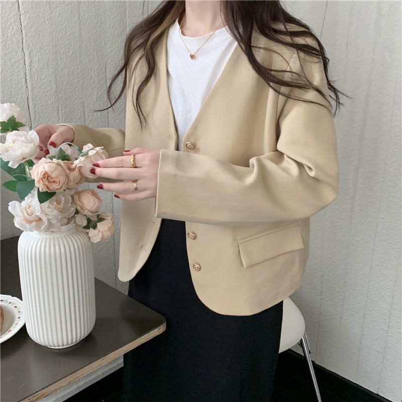 Áo Khoác Blazer Cổ Chữ V Màu Trơn Cài Khóa Vàng Phong Cách Retro Pháp 56815