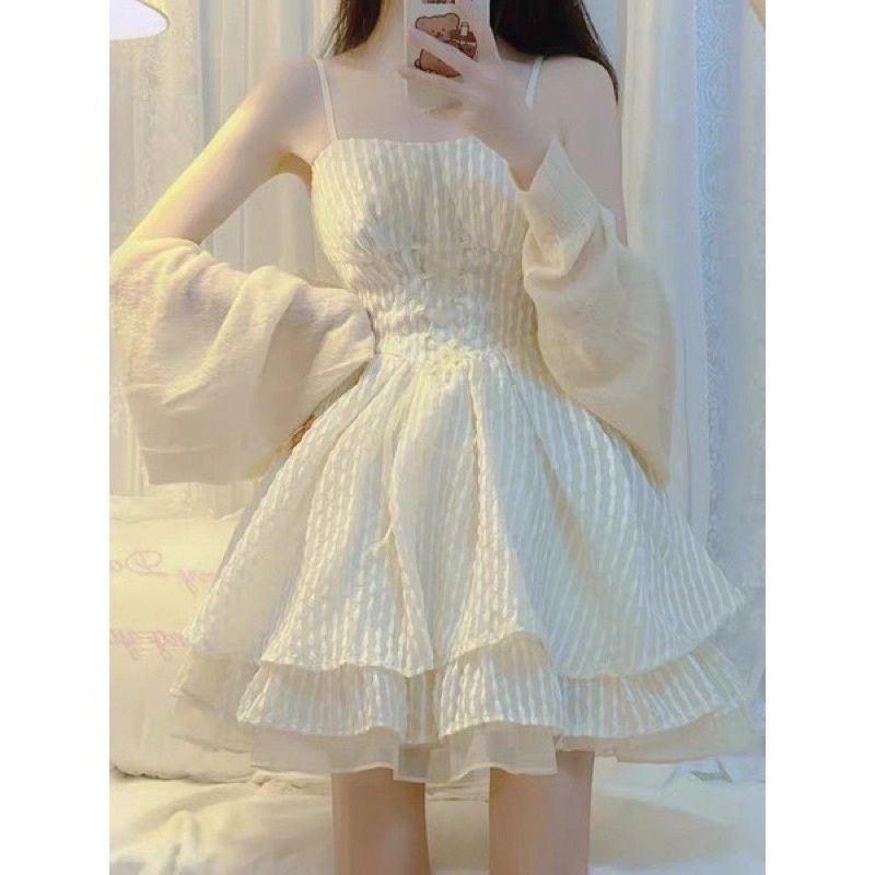 Set đầm 2 dây xoè tầng kèm áo khoác voan-MẪU HOT