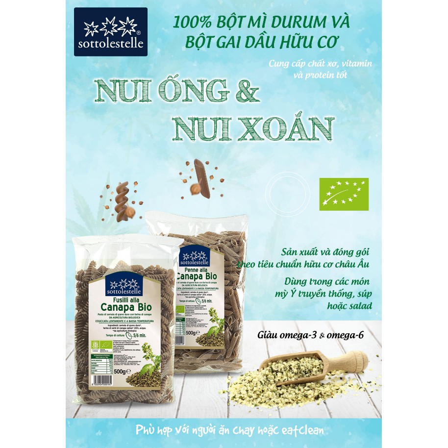 Nui Ống Hạt Gai Nguyên Cám Hữu Cơ Sottolestelle 500g