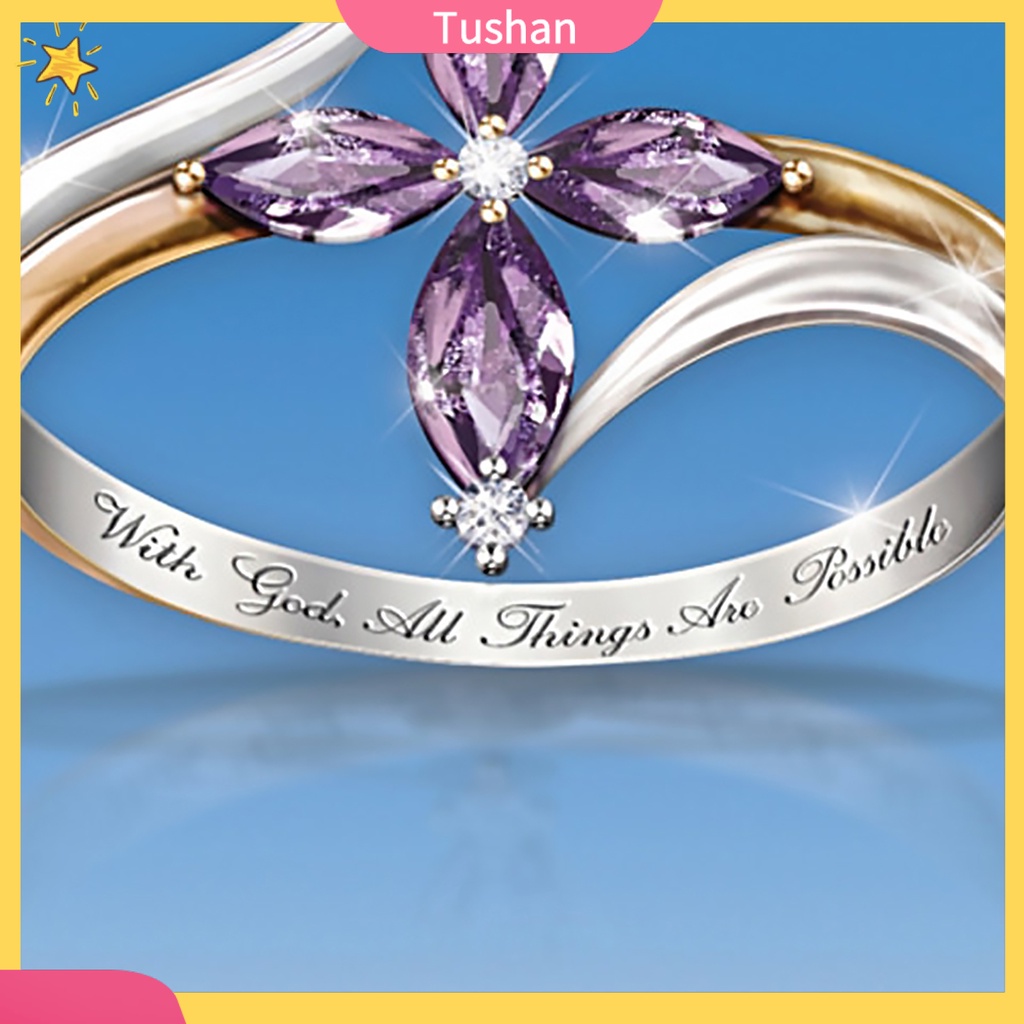 Nhẫn 2 lớp đính đá hình hoa khắc chữ With God All Things Are Possible cho nữ