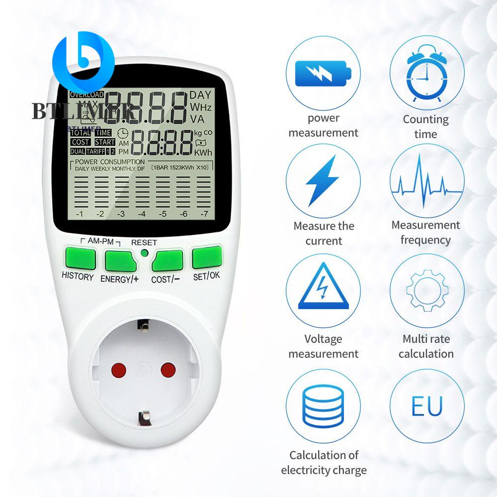 BTLIMER EU Energy Monitor Voltmeter Power Consumption Electricity Meter Socket Plug Watt Monitor Digital Current Meter Measuring Electricity Cost Analyzer Wattmeter Energy Power Meter