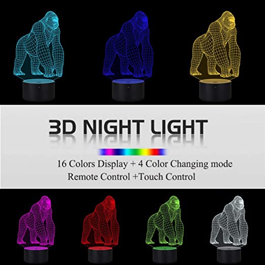 Đèn Led Khỉ Đột Đèn Led 16 Màu Hình Nhân Vật Hoạt Hình, Đèn Ngủ Led 3d, Cảm Ứng , Điều Khiển Từ Xa