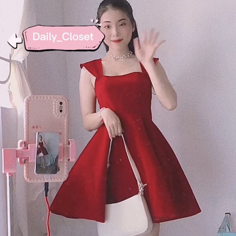 ĐẦM NỮ DÁNG XÒE MÀU ĐỎ CÁNH TIÊN HỞ LƯNG FREESHIP ĐẦM NHUNG DỰ TIỆC SANG CHẢNH 2 DÂY | BigBuy360 - bigbuy360.vn
