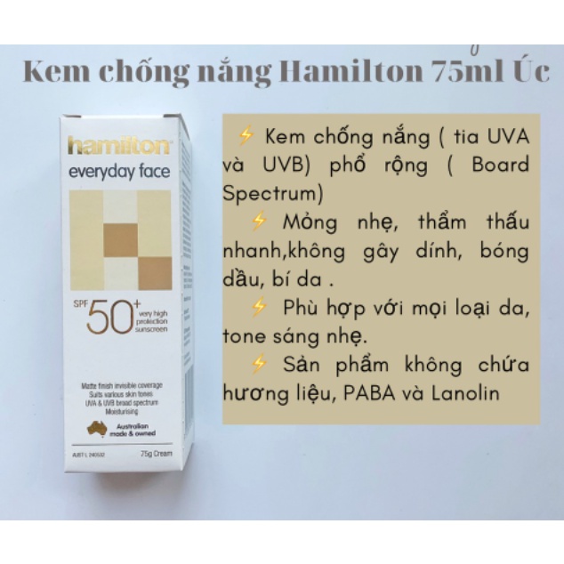 [Hàng nội địa Úc] Kem chống nắng kèm dưỡng Hamilton EveryDay Face Cream SPF 50+ UVA UVB tiện cho make up không bết dính