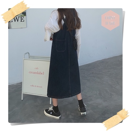 Váy yếm dài Yếm váy Yếm bò dáng dài FIRST DATE màu xanh đậm denim Yếm jean nữ hiện đại năng động | BigBuy360 - bigbuy360.vn