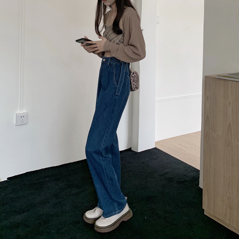 Quần Denim Nữ Lưng Cao Ống Rộng Phong Cách Hàn Quốc