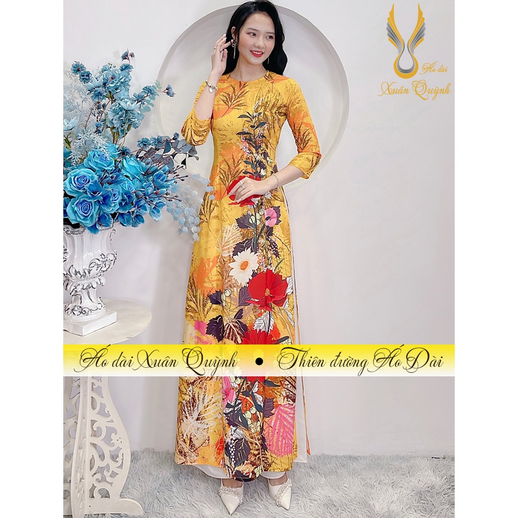 Áo Dài Truyền Thống Phối Hoa, Sang Trọng Nổi Bật Lụa Habutai Mềm Mại Co Dãn K54 - Áo Dài Xuân Quỳnh