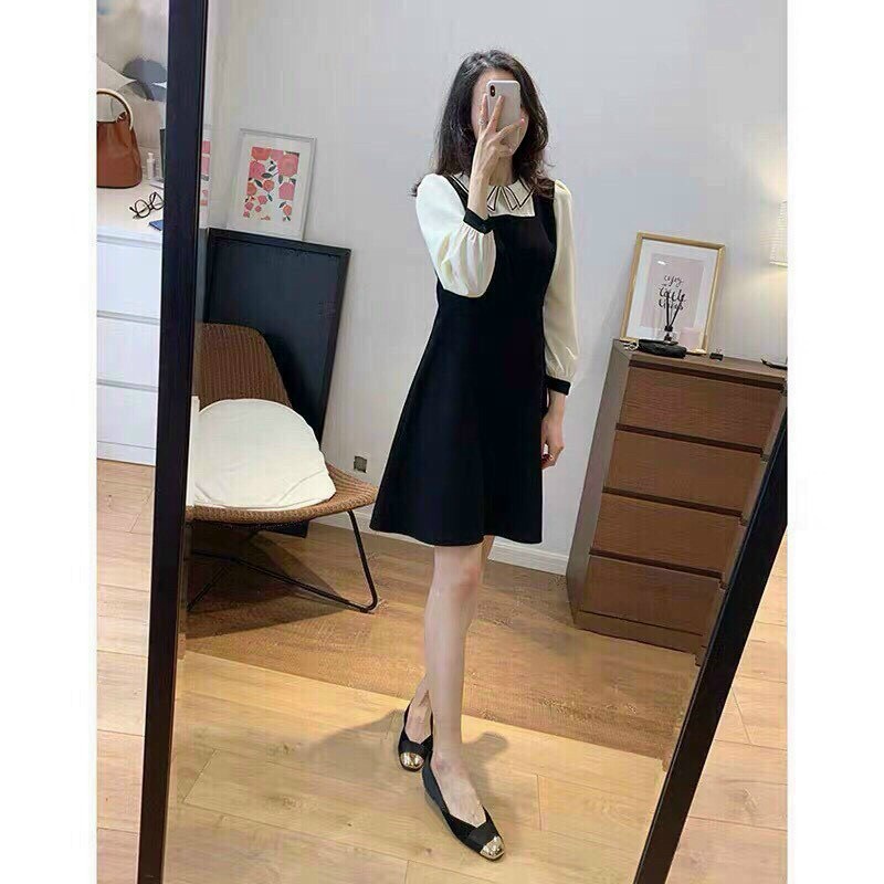 Đầm thời trang công sở,đầm đen tiểu thư phối tay trắng dài,cổ bèo nhọn phối viền, đầm học đường dáng xòe nhẹ xinh xắn