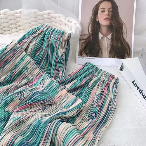 Quần phụ nữ rộng, sọc màu, vật liệu polyester