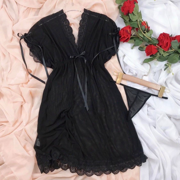 Váy ngủ ren sexy bẹt vai mặc hai kiểu đồ ngủ big size voan thun với màu đen quyến rũĐồ mặc