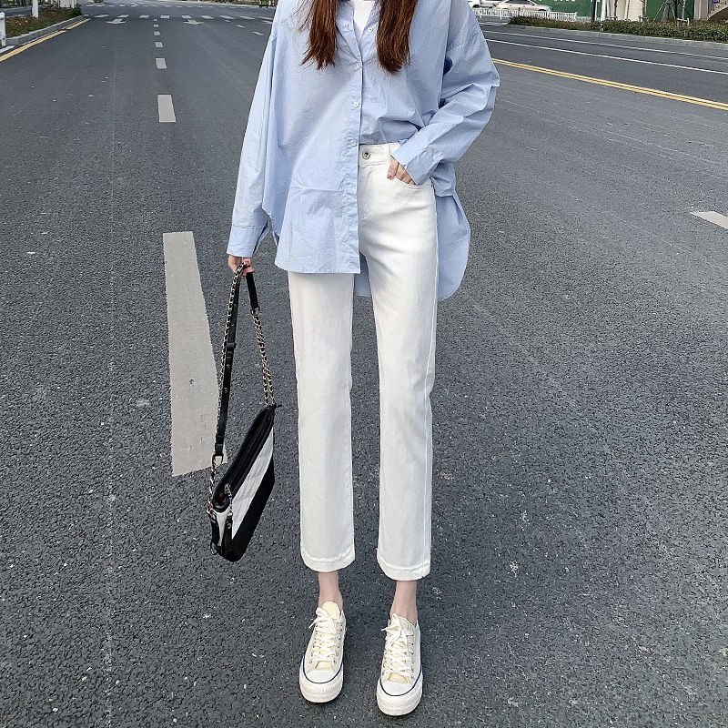 quần bò nữ new solid color Korean high-waisted loose slim straight cigarette pants