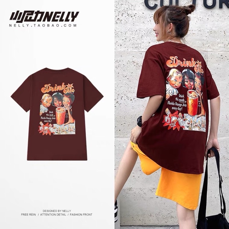 [sẵn] Áo thun tay lỡ nelly 7828 dáng unisex form rộng drink me