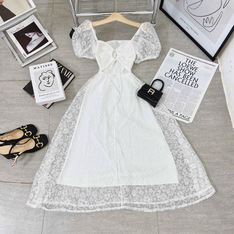 ĐẦM MIDI TRẮNG HOA NỔI CUTOUT KHOEN LƯNG
