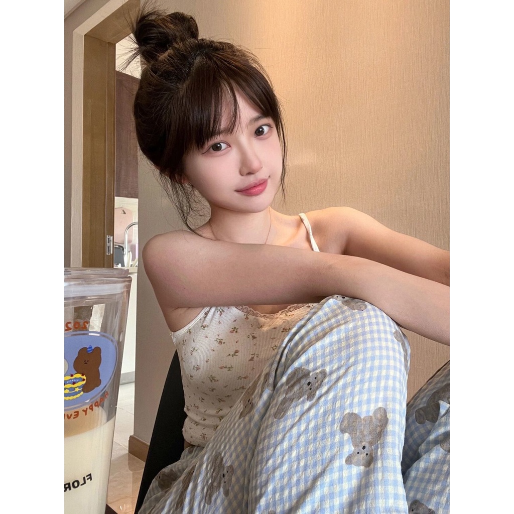 Bộ Đồ Ngủ Áo Hai Dây Phối Quần Dài In Họa Tiết Gấu Và Quần Tươi Mới Thời Trang Mùa Hè Cho Nữ