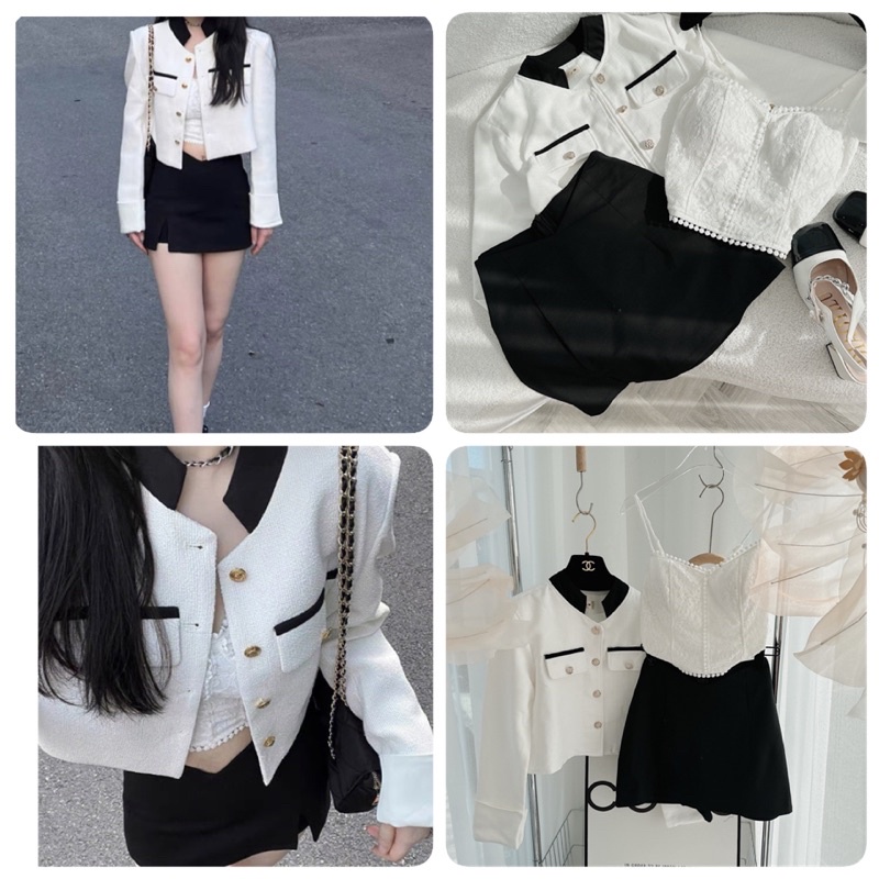 SET 3 MÓN: KHOÁC DẠ TRẮNG VIỀN CỔ ĐEN + CROP 2S REN + CHÂN VÁY ĐEN