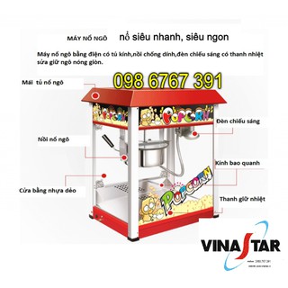 Máy nổ bỏng ngô, làm bắp rang bơ chạy điện, có nhiệt, có đèn chiếu sáng, tủ kính sạch sẽ rất đẹp