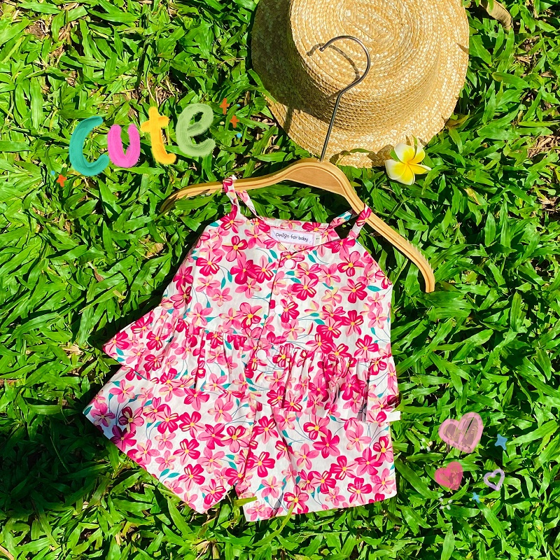 Set áo 2 dây hoa cổ yếm quần lưng thun bé gái sơ sinh 1 2 3 4 tuổi MINTSCLOSET Mint's Closet - GA2045
