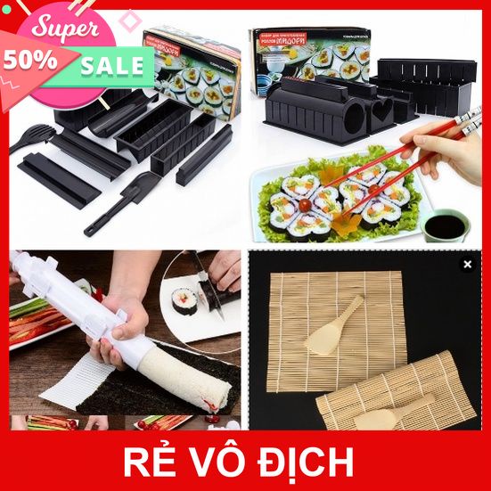 [XÃ KHO] BỘ DỤNG CỤ LÀM SUSHI 10 MÓN - CUỘN BẰNG GỖ - ỐNG TRẮNG [HCM]