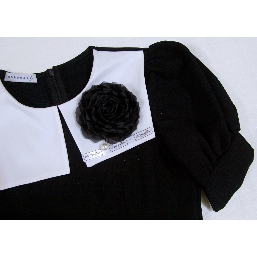 Hoa cài áo MEBIHandmade cao cấp tone màu đen siêu sang, hoa vải handmade mẫu hoa hồng đen trắng NOBOX