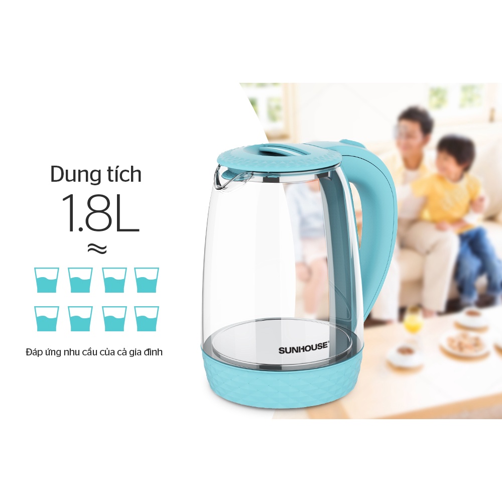 ẤM SIÊU TỐC THỦY TINH SUNHOUSE 1.8 L - > SHD1215 <  BẢO HÀNH CHÍNH HÃNG 12 THÁNG