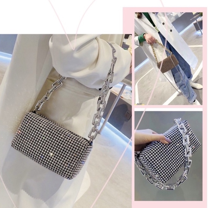 Túi Xách SIZE 18 CM Đính Đá Hottrend 2 Dây Đeo Siêu Đẹp Thích Hợp Đi Tiệc Alexie wang-màu silver Lấp Lánh Đá Sang Chảnh