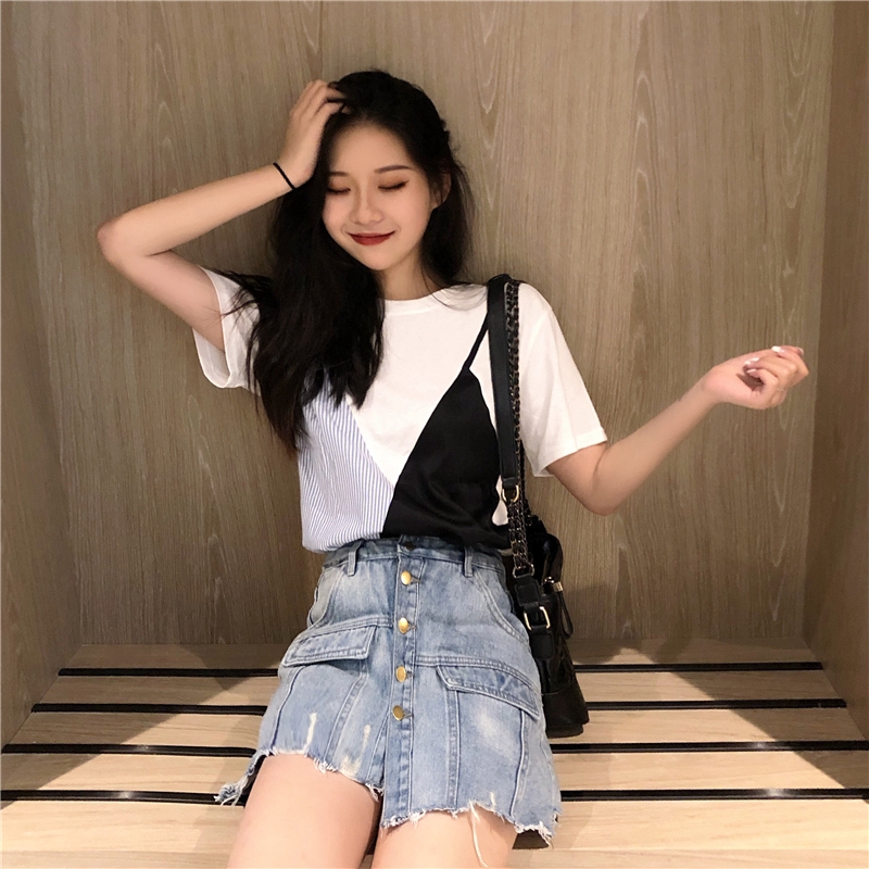 Áo thun SUXI tay ngắn cổ tròn kẻ sọc phong cách Hàn Quốc cho nữ