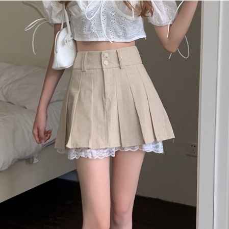 Chân Váy Kaki Lưng Cao Phối Ren Mới