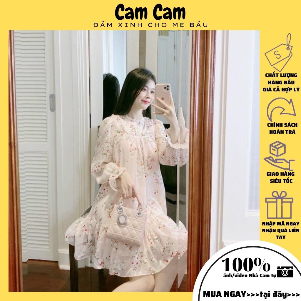 Váy bầu tay dài thời trang HOA NHÍ chất voan hai lớp mềm mịn