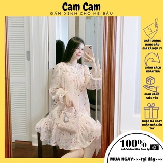 Váy bầu tay dài thời trang HOA NHÍ chất voan hai lớp mềm mịn