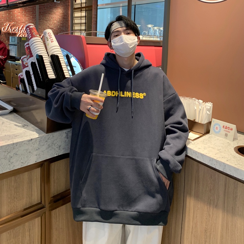 Áo hoodie nhung tay dài in chữ đơn giản giữ ấm thời trang mùa đông cá tính cho nam size M-5XL