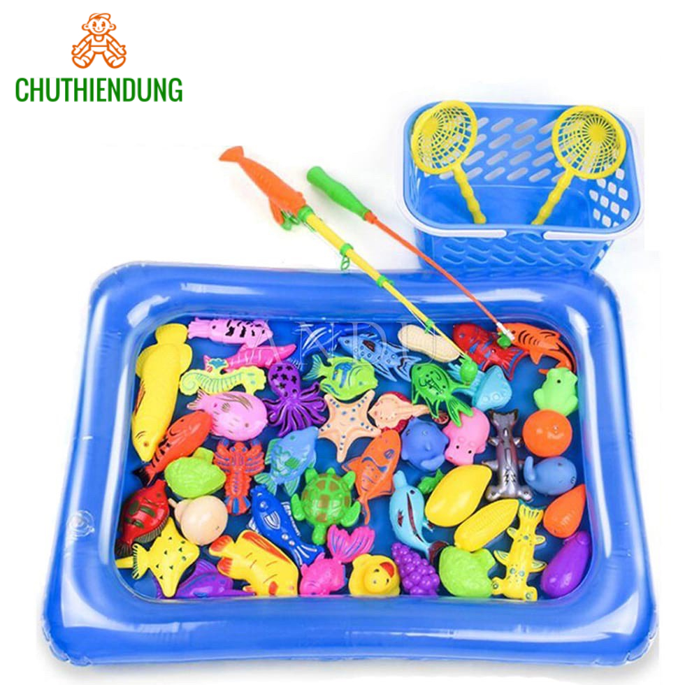 Bộ Đồ Chơi Câu Cá Cho Bé, Bộ đồ chơi câu cá gồm bể phao, các sinh vật biển, cần câu. Kèm giỏ Đựng To